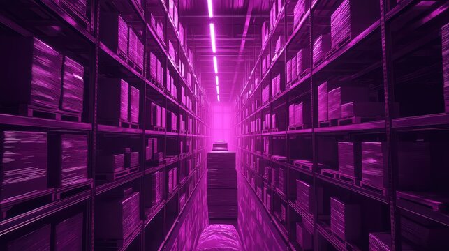 Futuristic warehouse aisle with smart logistics storage system - Powered by Adobe
