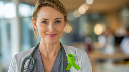 Doctor smiling wearing green mental health awareness ribbon