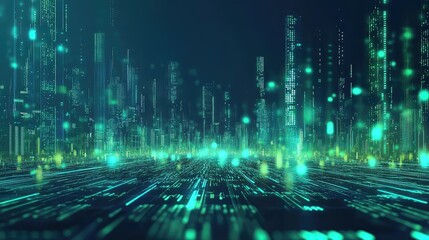 Digital cityscape with data flowing through network infrastructure