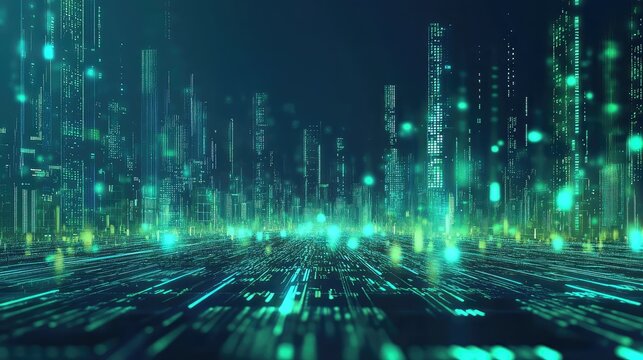 Digital cityscape with data flowing through network infrastructure