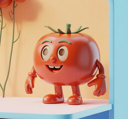 A cheerful cartoon tomato character with a friendly smile and big eyes, standing on a shelf
