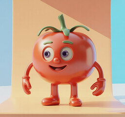 A charming 3d rendered tomato character with wide eyes and a friendly smile, standing upright