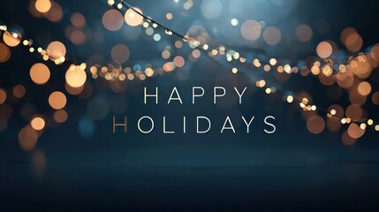 Warm glowing string lights creating a festive bokeh effect with the words happy holidays in the center