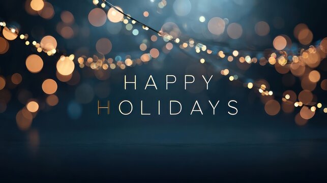 Warm glowing string lights creating a festive bokeh effect with the words happy holidays in the center