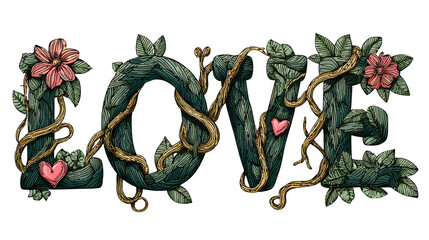 A doodle typography illustration of the word "LOVE", where the letters are intertwined with vines, have heart-shaped leaves, and are decorated with flowers, isolated on a Transparent Background