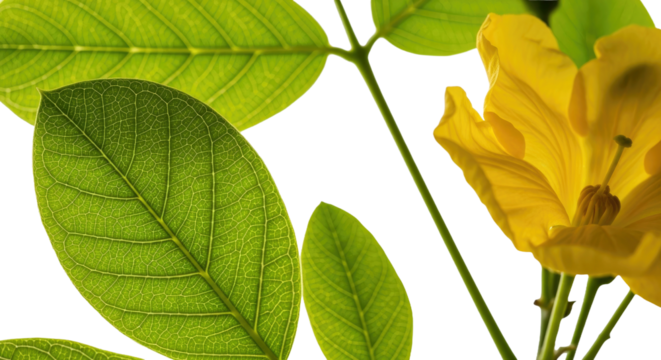 Macro Close Up Veined Leaves and Vibrant Yellow Flower on Clean Off White Background