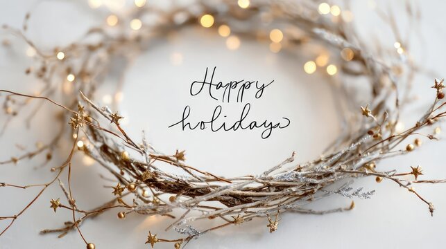 Soft focus rustic wreath with twigs and warm fairy lights featuring handwritten happy holidays message