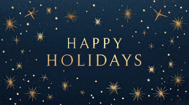 Elegant happy holidays greeting with sparkling golden stars and snowflakes on a deep navy blue background