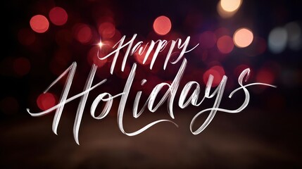 Festive happy holidays handwritten calligraphy greeting with blurred bokeh lights background for winter celebrations