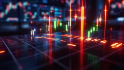 Dynamic digital financial market data visualization with glowing candlestick charts and abstract grid lines. - Powered by Adobe