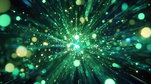 Green lights exploding energy creating abstract speed tunnel