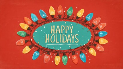 Festive oval garland of colorful christmas lights with happy holidays message on red background