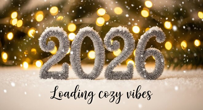 Sparkling silver numbers 2026 covered in snow and frost, set against a bokeh background of warm lights, with falling snow, conveying a cozy winter vibe