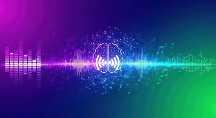 Creative digital brain with sound waves and music notes symbolizes AI intelligence, auditory processing, and audio technology innovation.