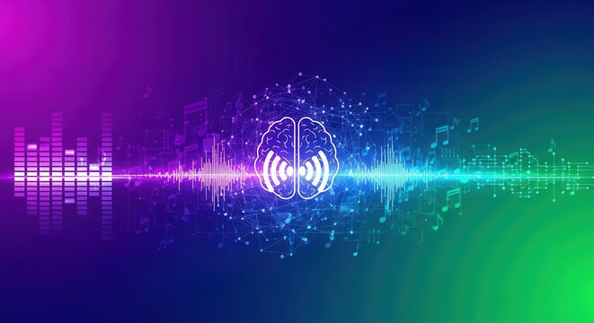 Creative digital brain with sound waves and music notes symbolizes AI intelligence, auditory processing, and audio technology innovation.