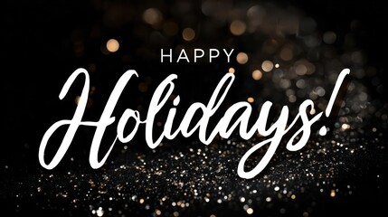 Elegant handwritten happy holidays message with sparkling glitter and soft bokeh lights on a dark background