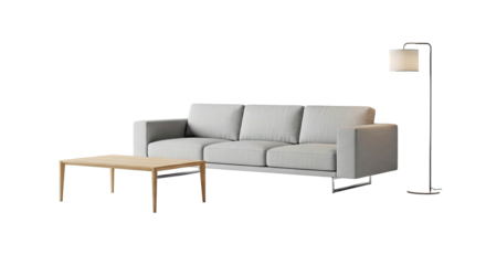 Modern Gray Sofa With Wooden Coffee Table Floor Lamp in Minimalist Living Room Interior