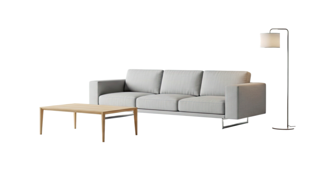 Modern Gray Sofa With Wooden Coffee Table Floor Lamp in Minimalist Living Room Interior