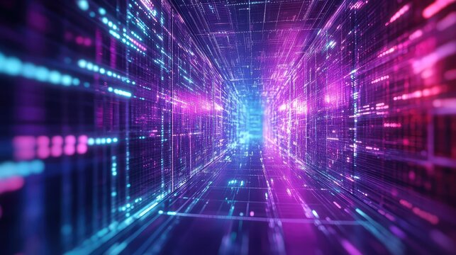 Digital data flowing in a futuristic network tunnel