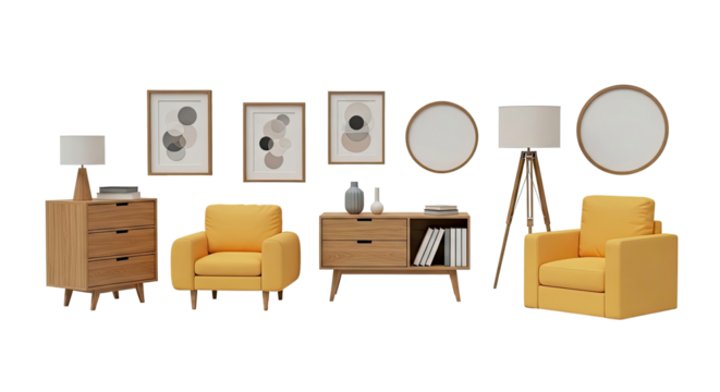 Modern Minimalist Living Room Yellow Accents Scandinavian Design Light Wood Furniture