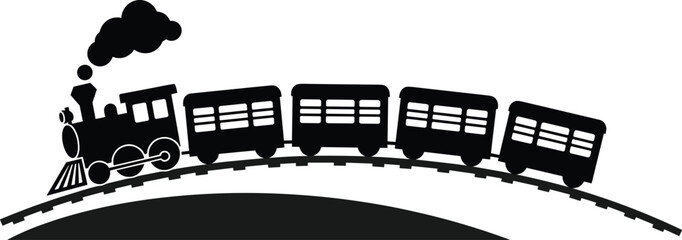 Vintage steam locomotive silhouette traveling uphill with connected passenger cars on curved railway track, classic retro train illustration for transportation design, vector graphic © Samol