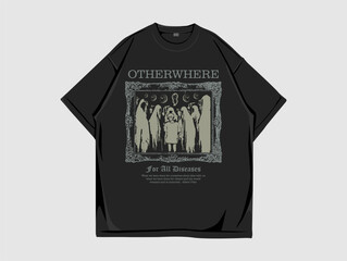 Dark Gothic T-Shirt Design with Mystical Figures and Ornamental Frame