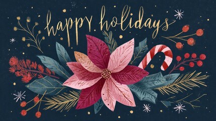 Festive happy holidays greeting card featuring a poinsettia flower candy cane and winter foliage on a dark blue background
