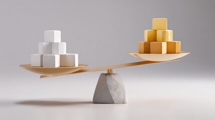 A minimalistic balance scale featuring white and yellow cubes, symbolizing the concept of weighing options or values.
