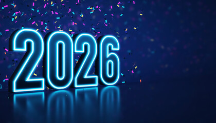 Bright neon 2026 numbers glow with celebratory confetti, perfect for New Year