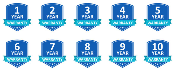 Warranty badges with shield icons and stars. 1 to 10 year guarantee labels. Quality assurance symbols. trusted service promise icons. Long term protection graphics for products and branding use.