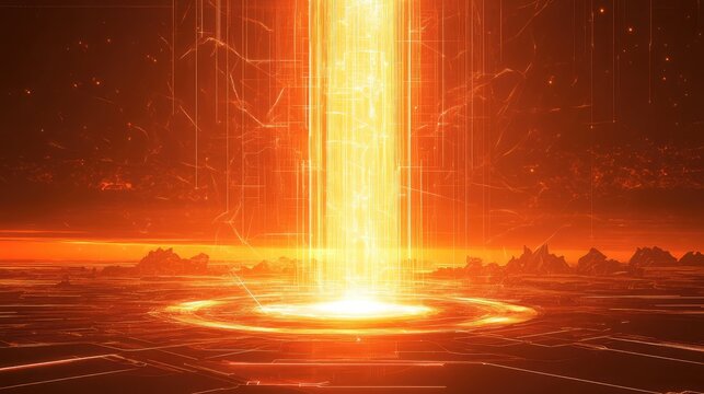 Digital data transfer glowing beam on futuristic landscape