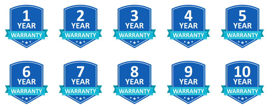 Warranty badges with shield icons and stars. 1 to 10 year guarantee labels. Quality assurance symbols. trusted service promise icons. Long term protection graphics for products and branding use.