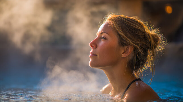 Woman relaxing in hot spring creating steam