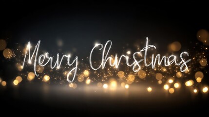 Illuminated merry christmas handwritten text glowing with soft bokeh lights on a dark background