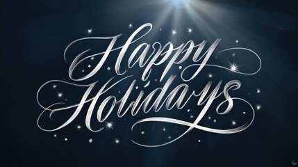 Elegant silver calligraphy text happy holidays with sparkling lights and subtle spotlight on dark background