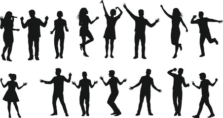 Energetic group of dancing people silhouettes, expressive party motion poses, joyful celebration figures, dynamic choreography set illustration