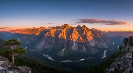 Majestic mountain range landscape at sunrise with vibrant colors and clear sky