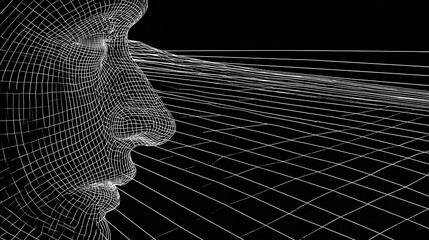 Wireframe human face with digital grid representing AI and future technology