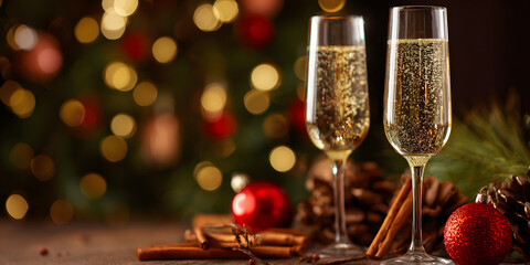 Effervescent champagne elegantly served beside festive ornaments amidst the warm glow of Christmas lights. Holiday concept