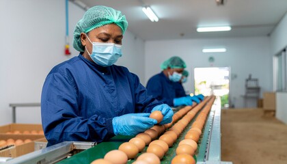 Egg Sorting in Factory: A worker in protective gear carefully inspects and sorts eggs on a conveyor belt in a modern food processing plant.