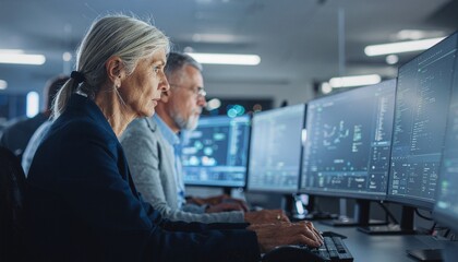 Analyzing Data on Digital Screens: Experienced professionals focus intently on multiple computer screens within a modern, technology-driven office environment.