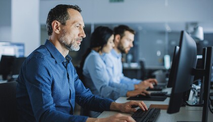 Dedicated Professionals at Work: A focused individual intently works at a computer in a modern office setting. Captured with the ambiance of a collaborative and productive atmosphere.