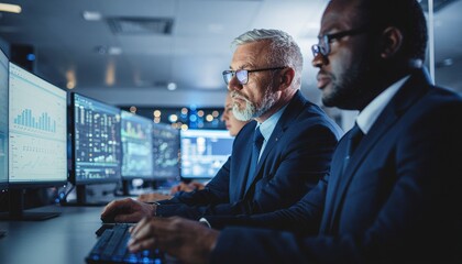 Tech Experts at Work: Two focused professionals, meticulously analyze complex data on multiple computer screens within a state-of-the-art tech environment, illuminated by cool, strategic lighting.