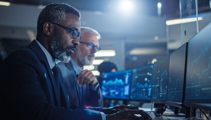 Tech Specialists at Work: Two focused tech specialists analyze data displayed on multiple computer screens, in a high-tech, modern workspace, deep in concentration.