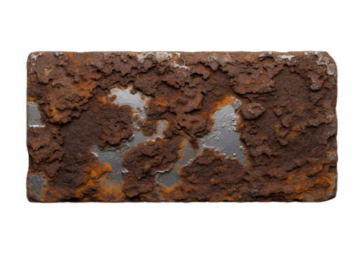 Detailed macro view of heavily rusted metal texture with peeling paint and corrosion showing underlying silver surface, perfect for industrial design backgrounds.
