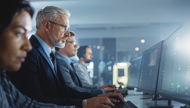 Tech Team: The image portrays a focused team immersed in their work, surrounded by the glow of computer screens, it signifies innovation and collaboration. 