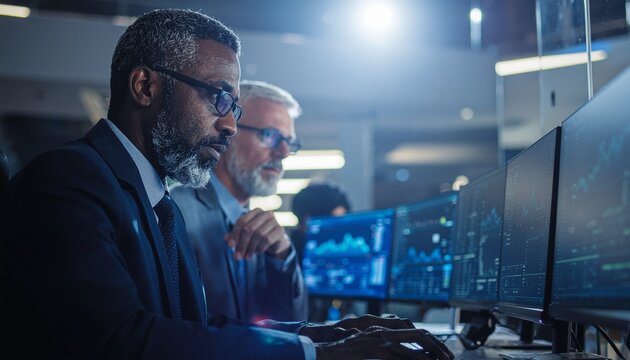 Tech Specialists at Work: Two focused tech specialists analyze data displayed on multiple computer screens, in a high-tech, modern workspace, deep in concentration.