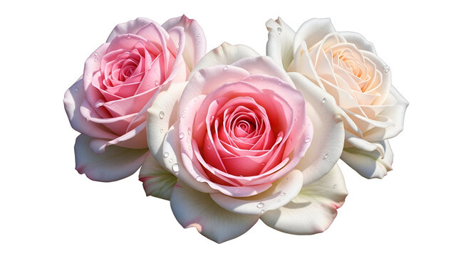 Three Pink and White Roses with Water Droplets on White Background