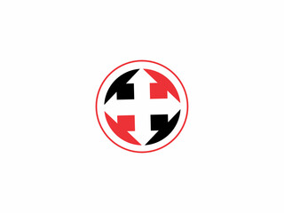 logo features a circular design containing four arrows pointing outwards in a cross shape, with alternating red and black colors.