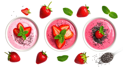 Three bowls of pink smoothie, strawberries, & chia on black